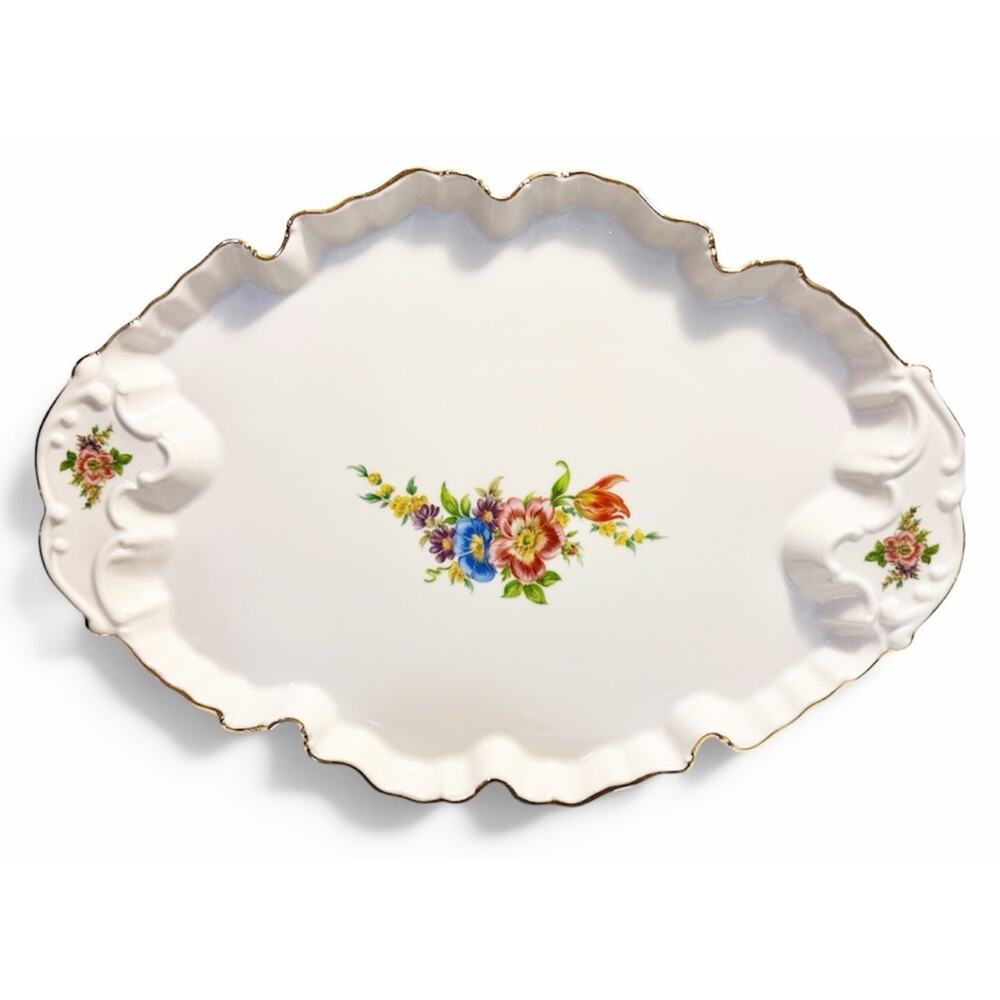 Vtg 90s Bohemian Haas & Czjzek Oval Floral Porcelain Serving Tray Czech Republic